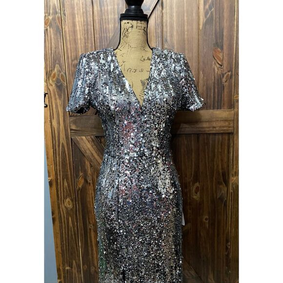 Dress the Population Revolve Karla Silver Sequin Mermaid Maxi Women’s Formal Dre - Picture 2 of 9